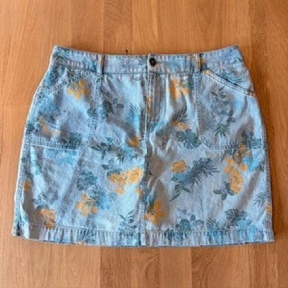 Christopher & Banks Floral Denim Skort 14 Blue Yellow Tropical Hibiscus Summer